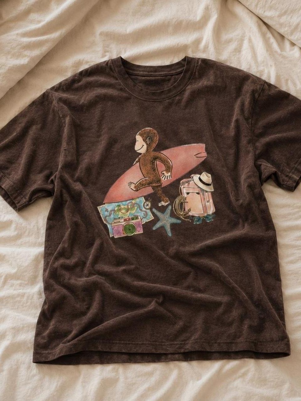 Gildan Brown Short Sleeve Tee with Surfing Monkey Graphic